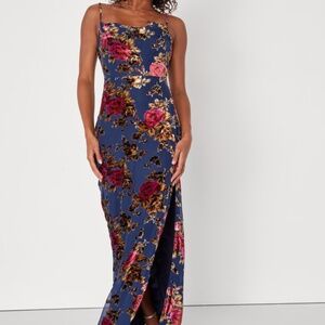 Lulus Chic Romantic Navy Blue Burnout Velvet Floral Cowl Neck Dress - Size S